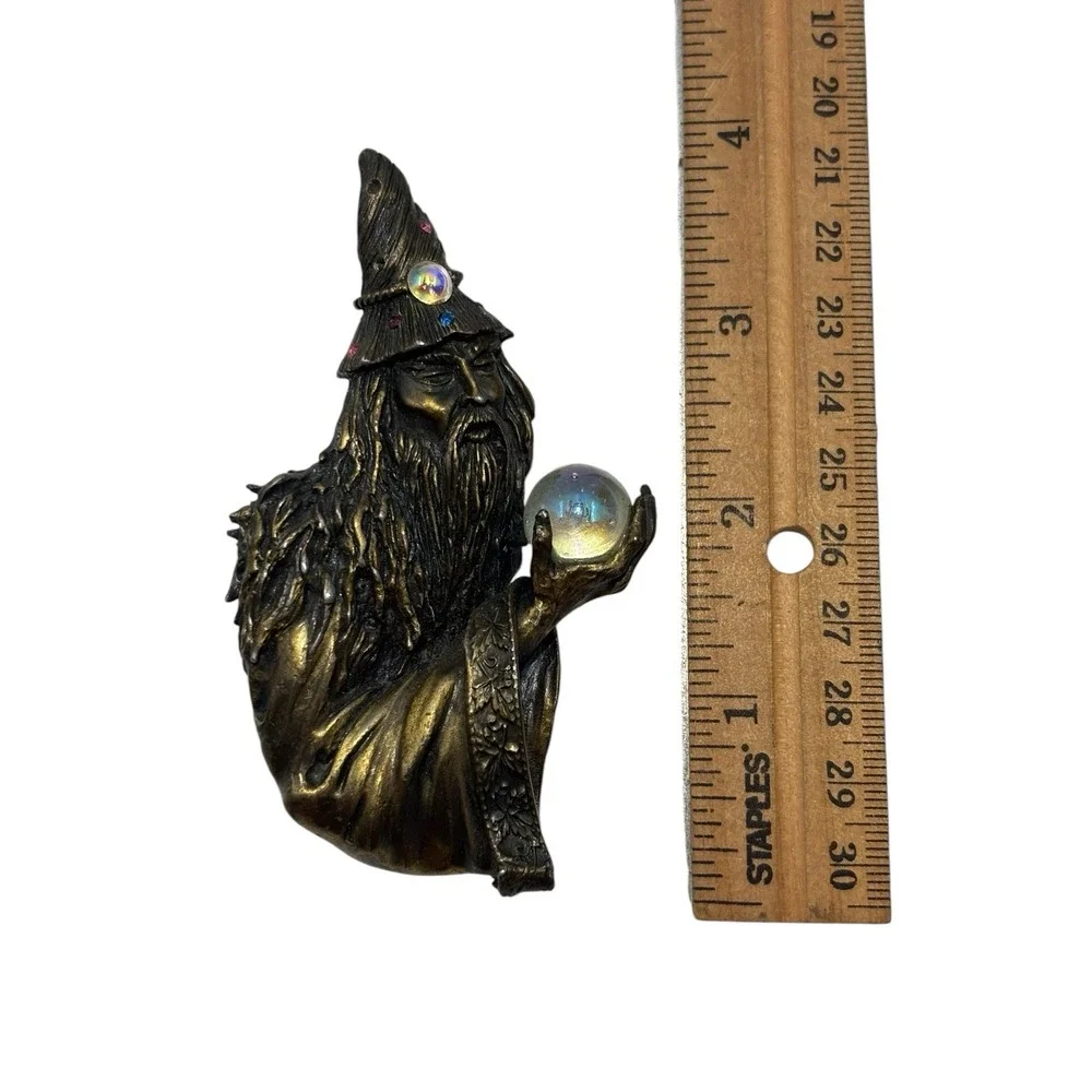 Vintage JJ Jonette Pewter Wizard Merlin Crystal Ball Orb Rhinestone Brooch Pin